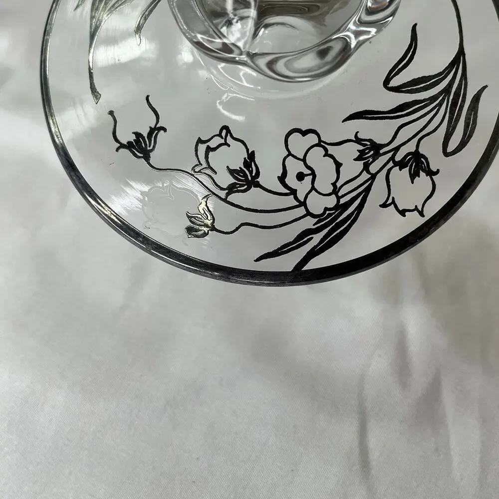 Candle Stick Holder Glass With Sterling Silver Overlay Floral Design vintage